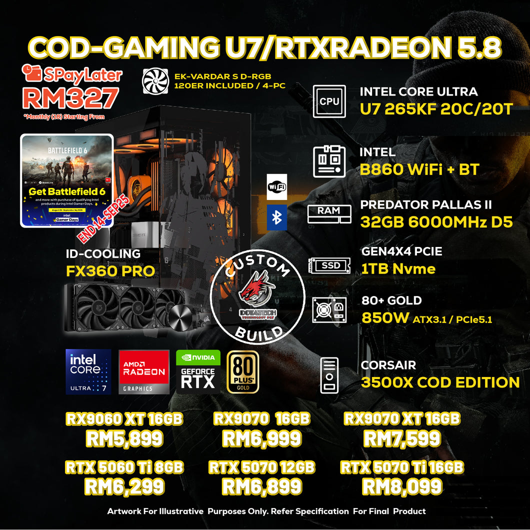 # DOTATECH COD-GAMING U7/RTXRADEON 5.8 - CUSTOM PC GAMING PACKAGE #  U7 265KF + GPU Option(s)