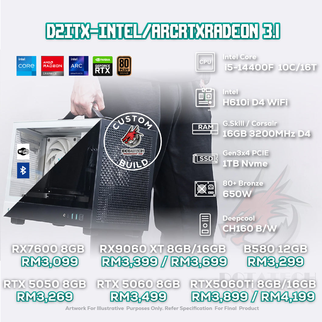 # DOTATECH D2ITX-INTEL/ARCRTXRADEON 3.1 - CUSTOM PC GAMING PACKAGE #  i5-14400F + GPU Option(s)