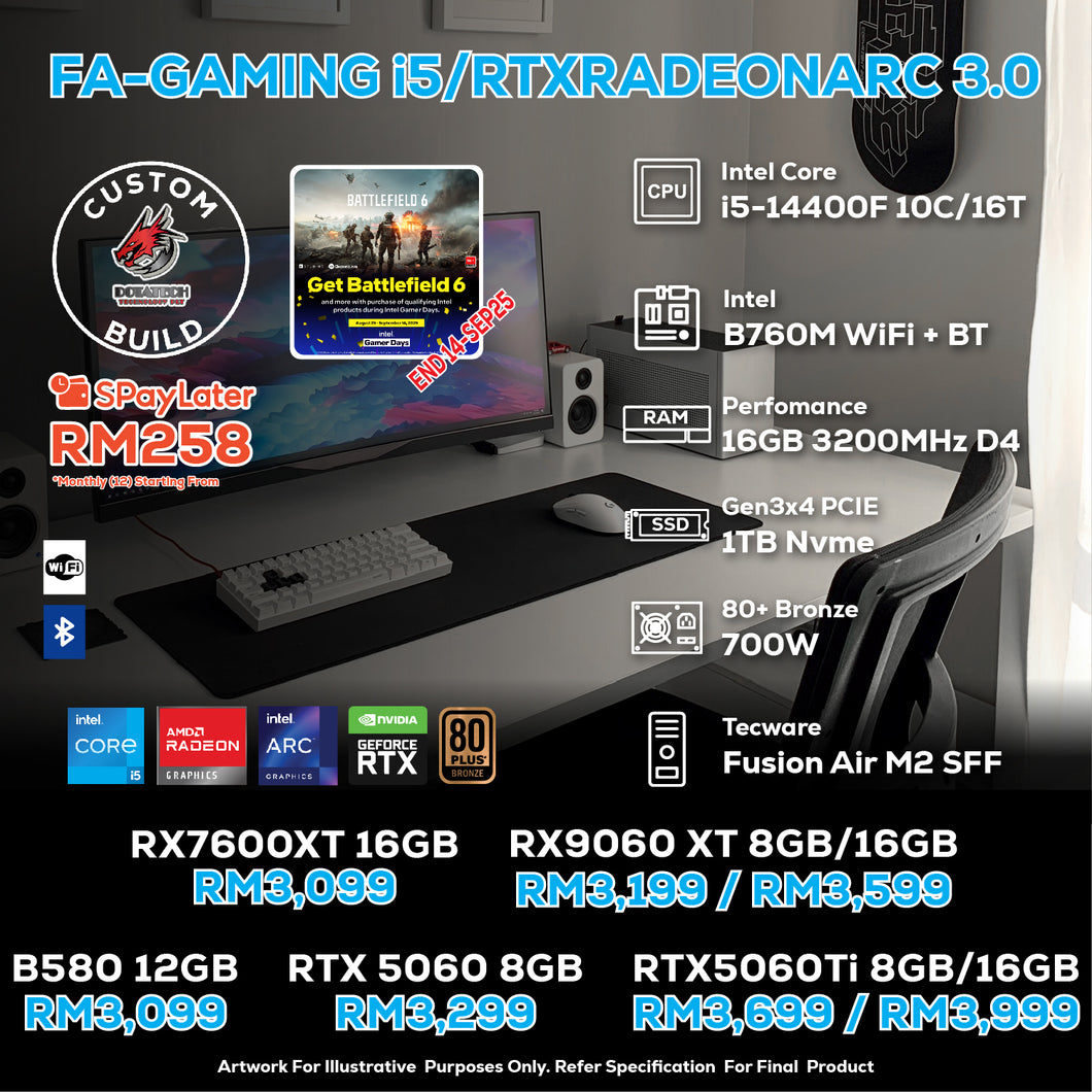 # DOTATECH FA-GAMING i5/RTXRADEONARC 3.0  - CUSTOM PC GAMING PACKAGE #  i5 14400F + GPU Option(s)