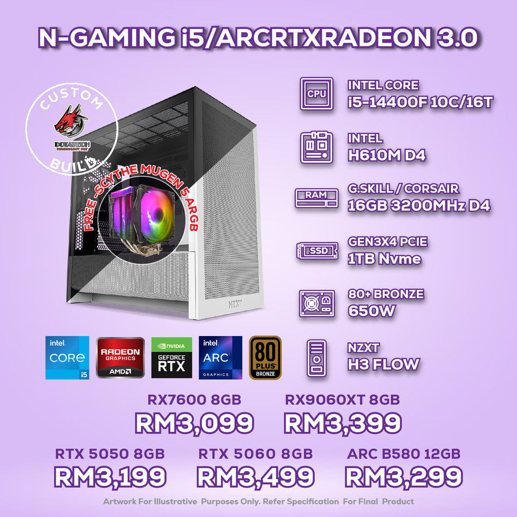 # DOTATECH N-GAMING i5/ARCRTXRADEON 3.0 - CUSTOM PC GAMING PACKAGE # i5 14400F + GPU OPTION(S)