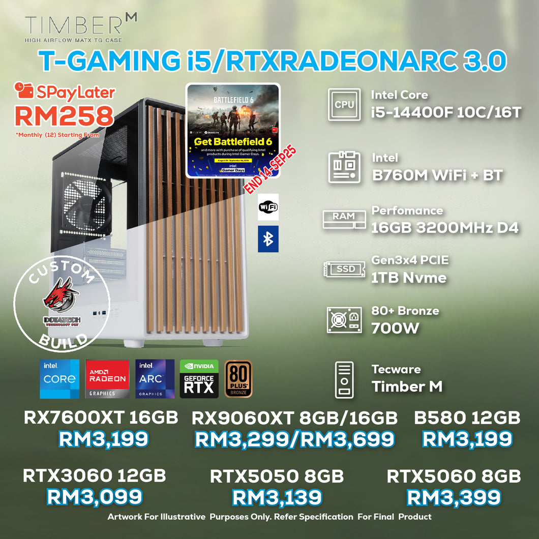 # DOTATECH T-GAMING i5/RTXRADEONARC 3.0 - CUSTOM PC GAMING PACKAGE # i5-14400F + GPU OPTION(S)