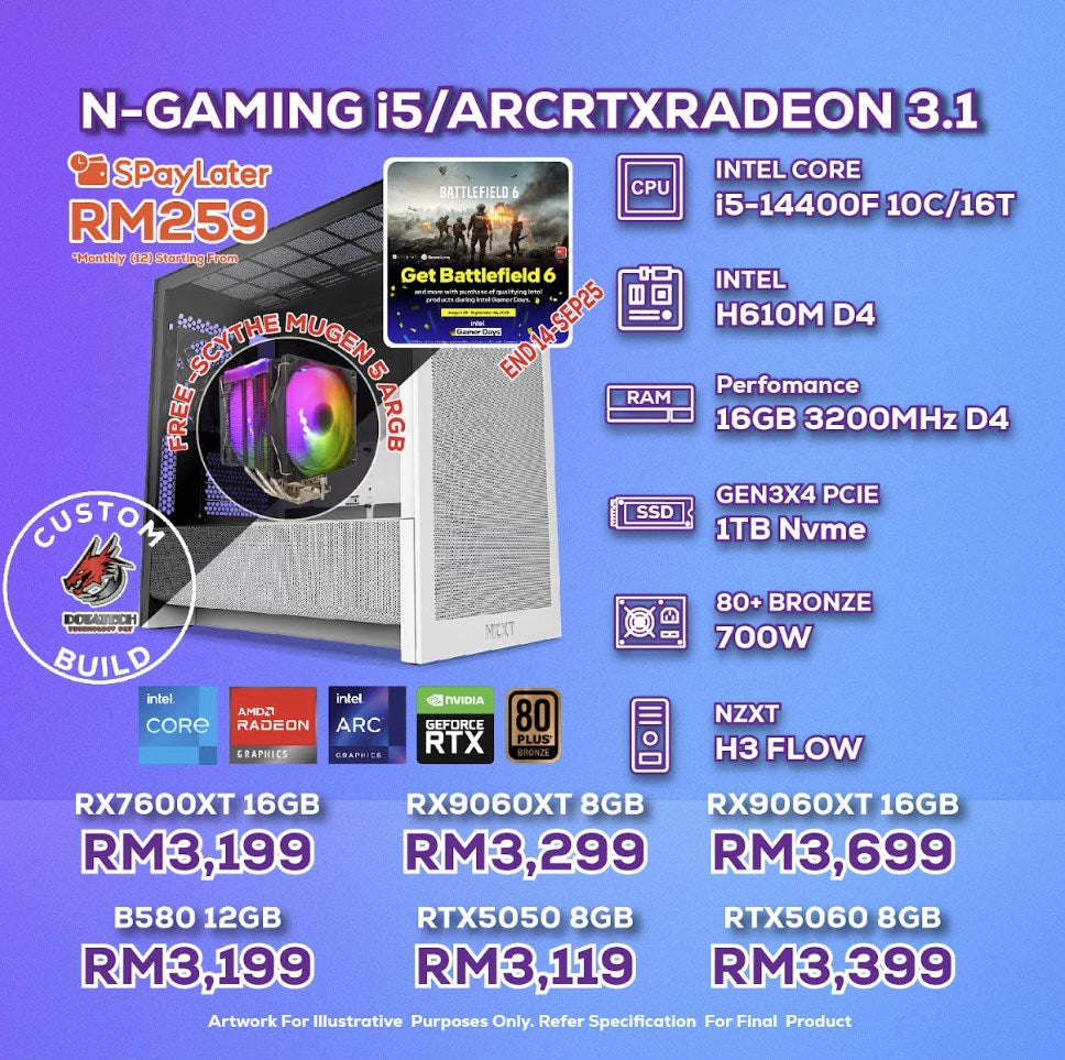 # DOTATECH N-GAMING i5/ARCRTXRADEON 3.1 - CUSTOM PC GAMING PACKAGE # i5 14400F + GPU OPTION(S)